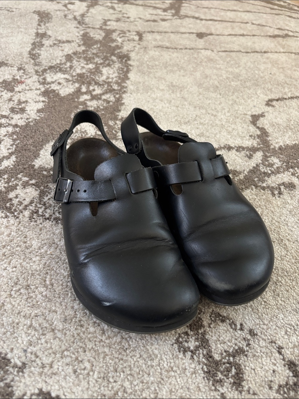 Birkenstock Tokio Super Grip Black Leather Clogs Slingsback Shoes Size 41